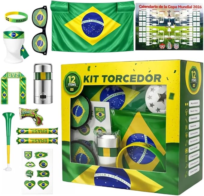 Kit Torcida Brasil Copa Do Mundo 2026 Com 12 Acessórios Temáticos Para Jogos, Festas E Fan Zone – Óculos, Bandeira, Corneta, Infláveis E Mais Estilo Verde E Amarelo