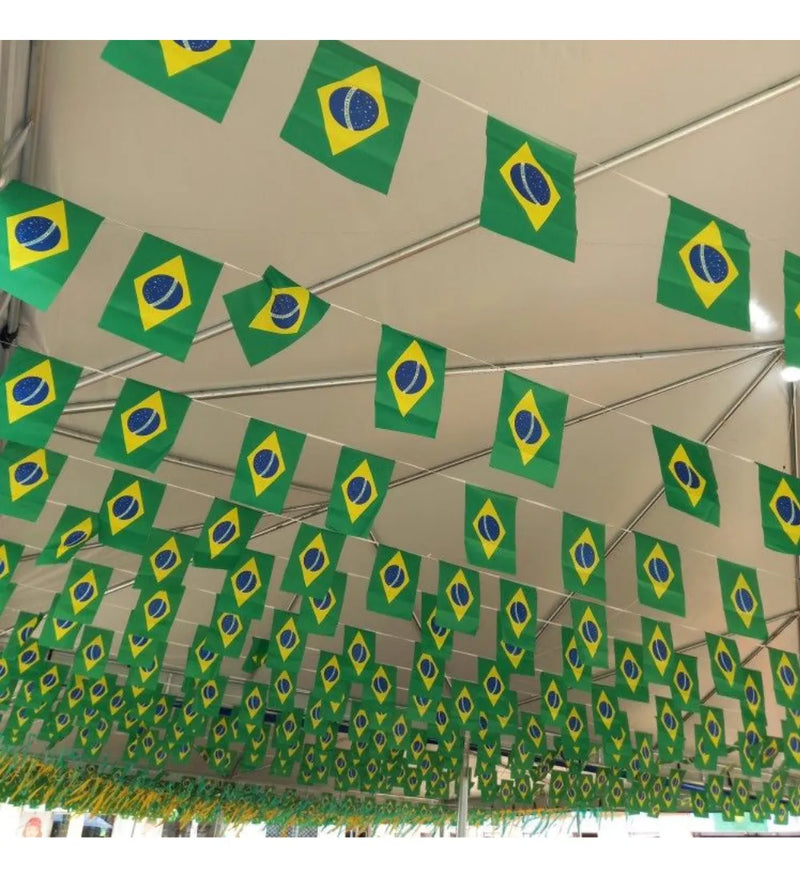 Varal Bandeirinhas Brasil Premium 6m Copa do Mundo Eleições Decoração Verde Amarelo 20 Bandeiras Poliéster